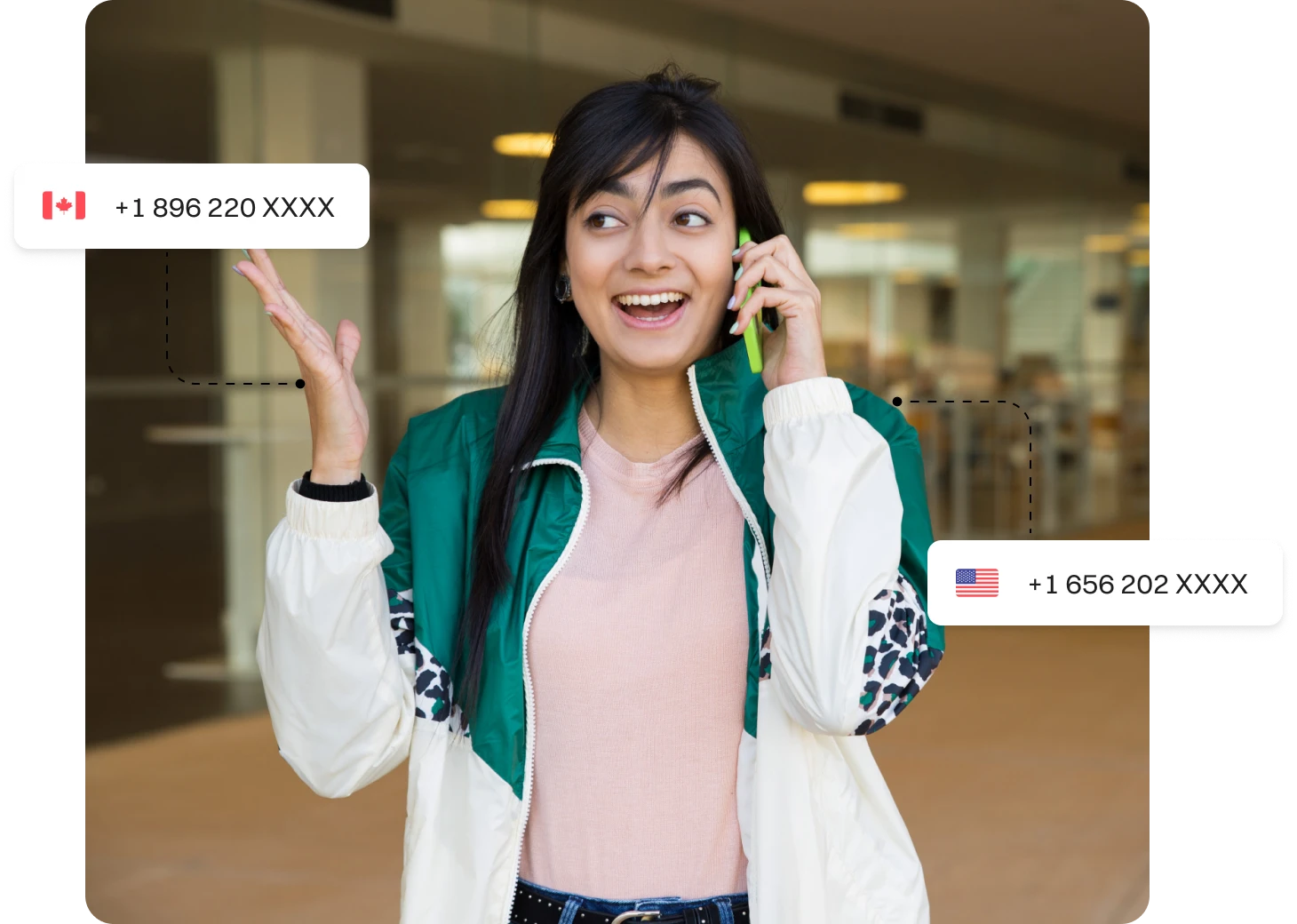 A lady performing global calling with US and Canada Virtual Phone Numbers.