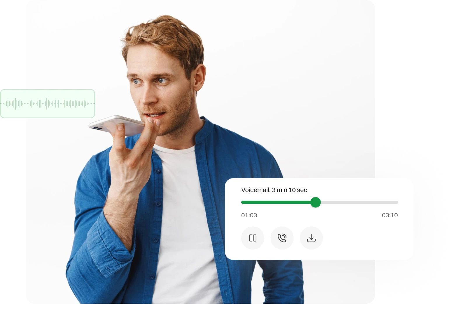 A gentleman recording a voicemail to send a customer.