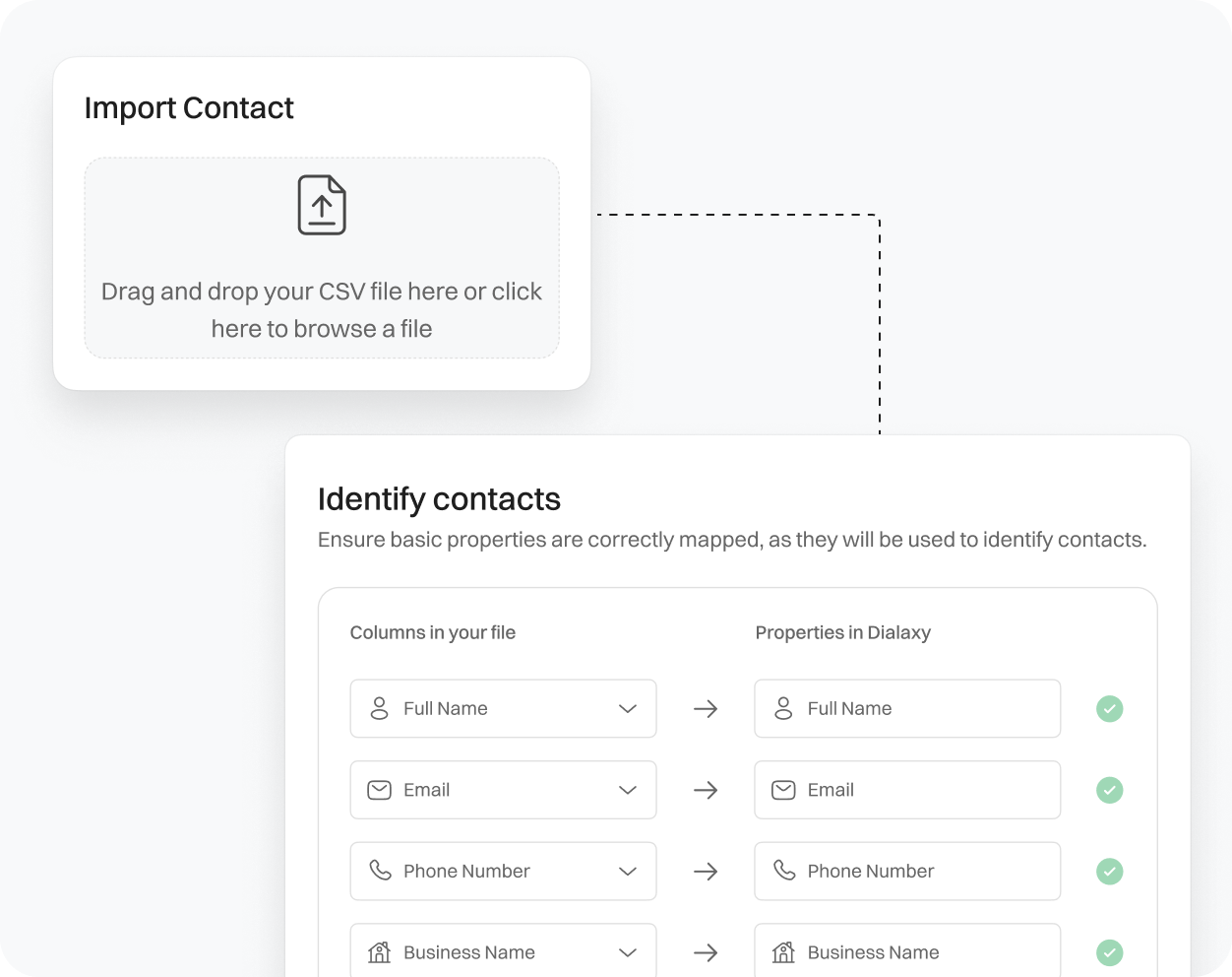 Import Contact by setting up columns in files and properties in Dialaxy.