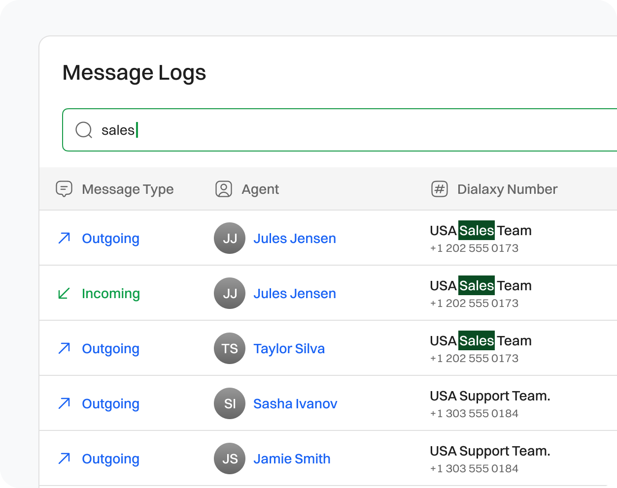 Messages being filtered out by searching 'sales' keyword in search box.
