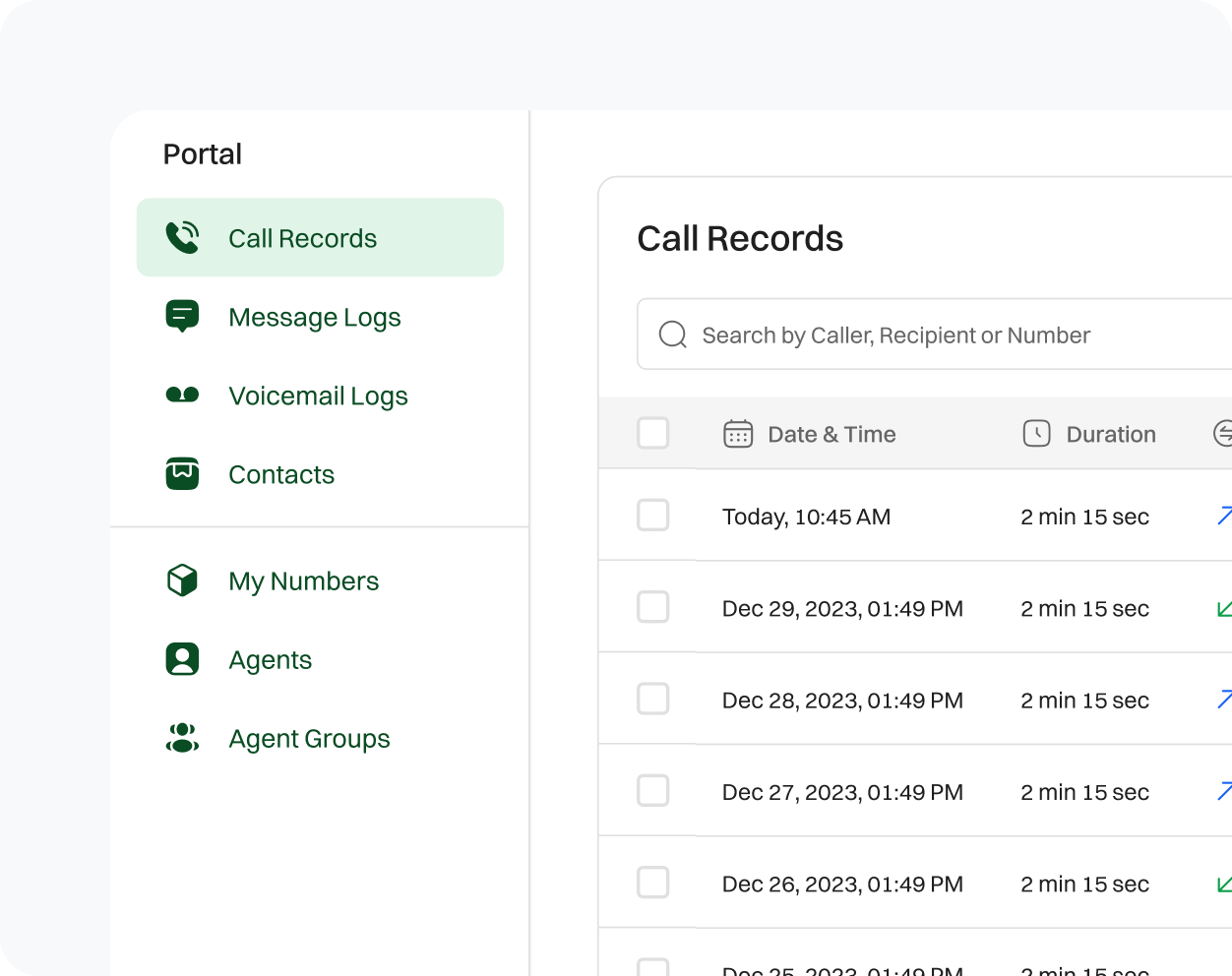 Representation of different portals like call records, message logs, voicemail logs that can be managed by a Dialaxy user.