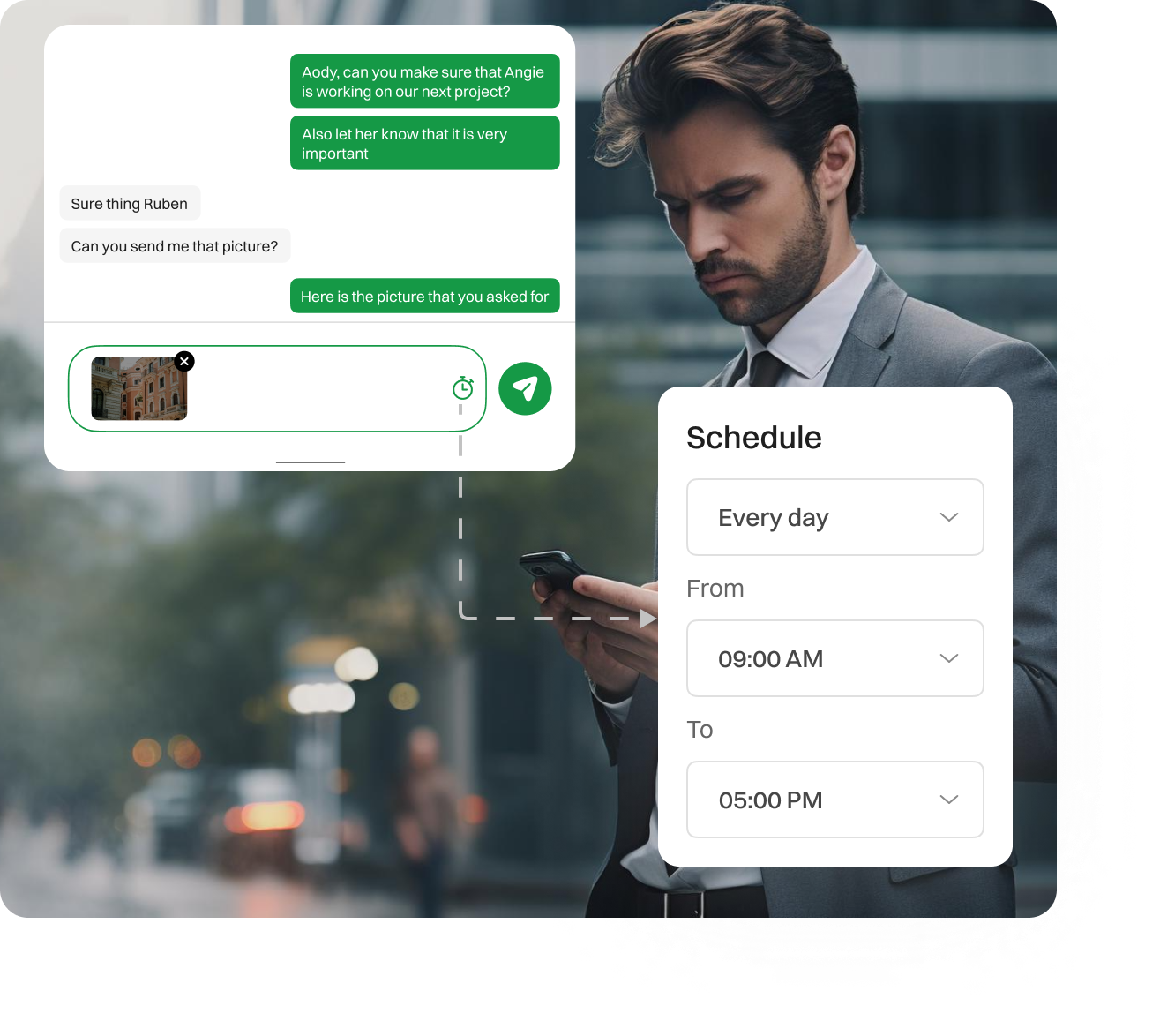 Representation of MMS message being scheduled with Dialaxy App.