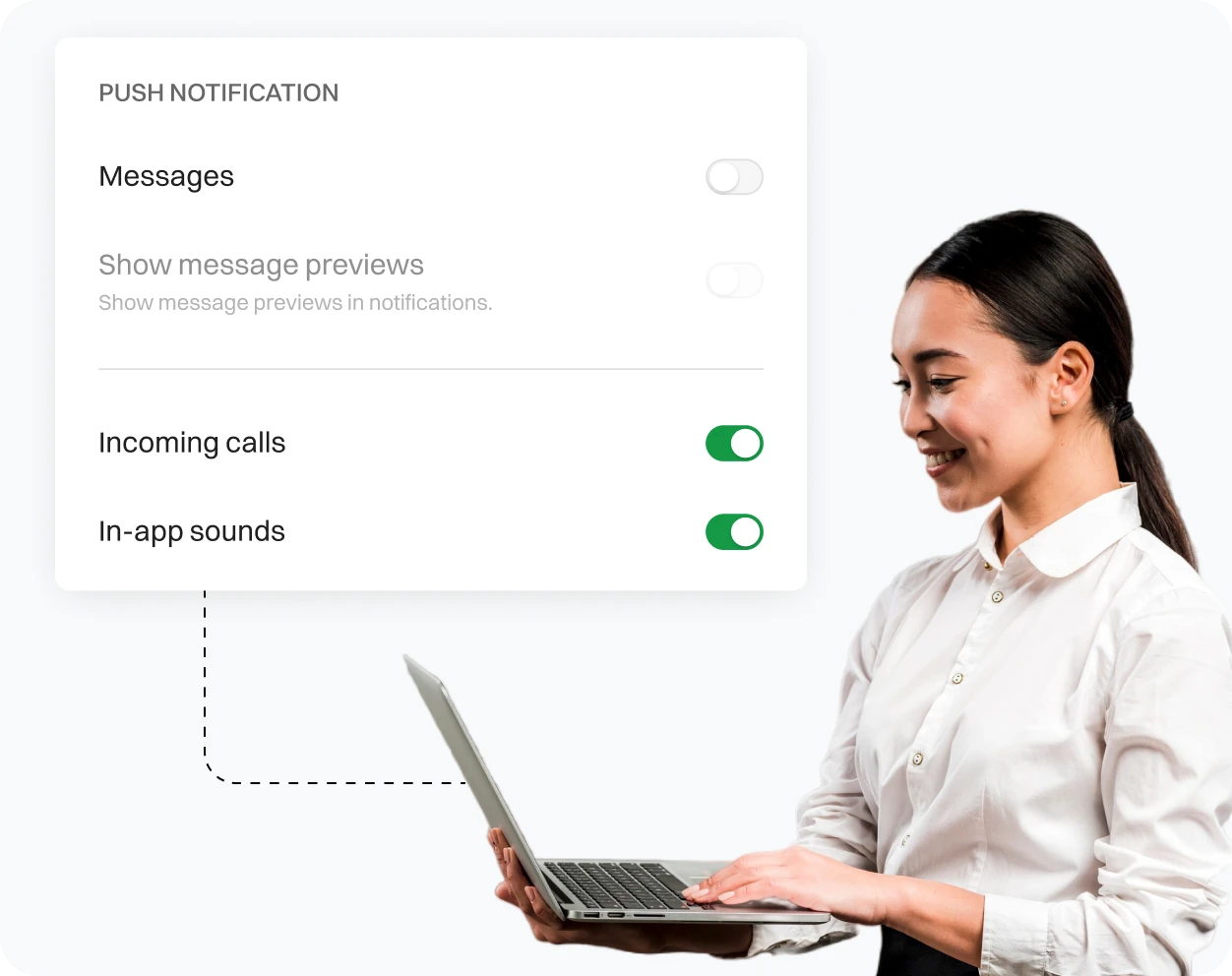A Lady setting up notification for incoming calls, in-app sounds and messages in Dialaxy app.