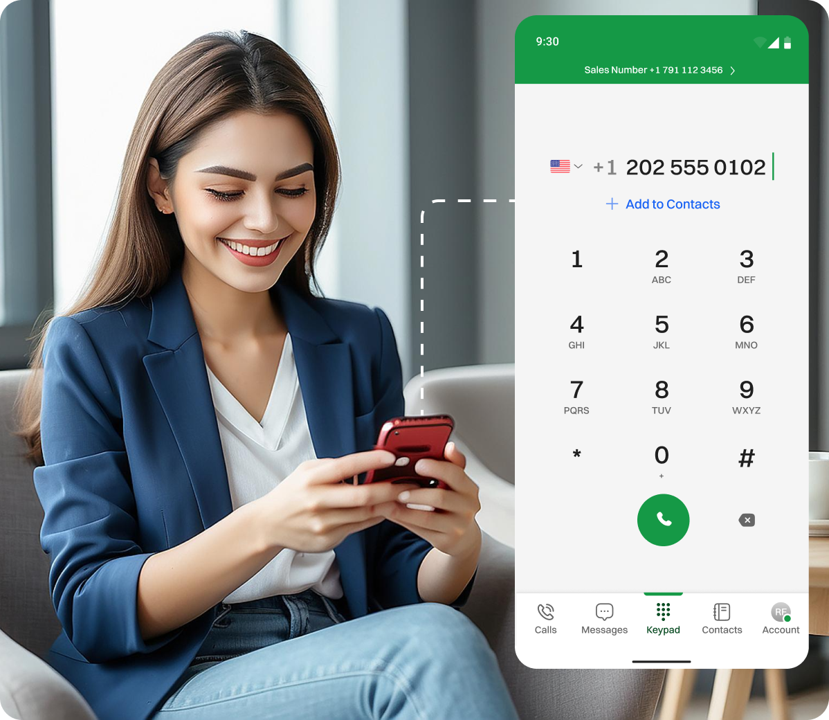 A lady dialing a US number from Dialaxy Mobile App.