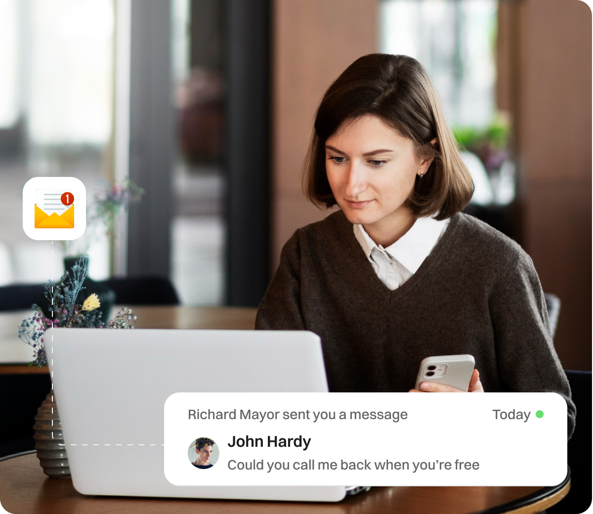 A girl looking a notification of text message in PC.