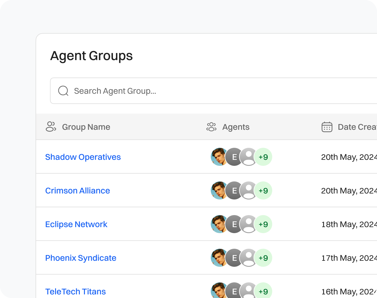 Agent group Dashboard with agents in Dialaxy app.