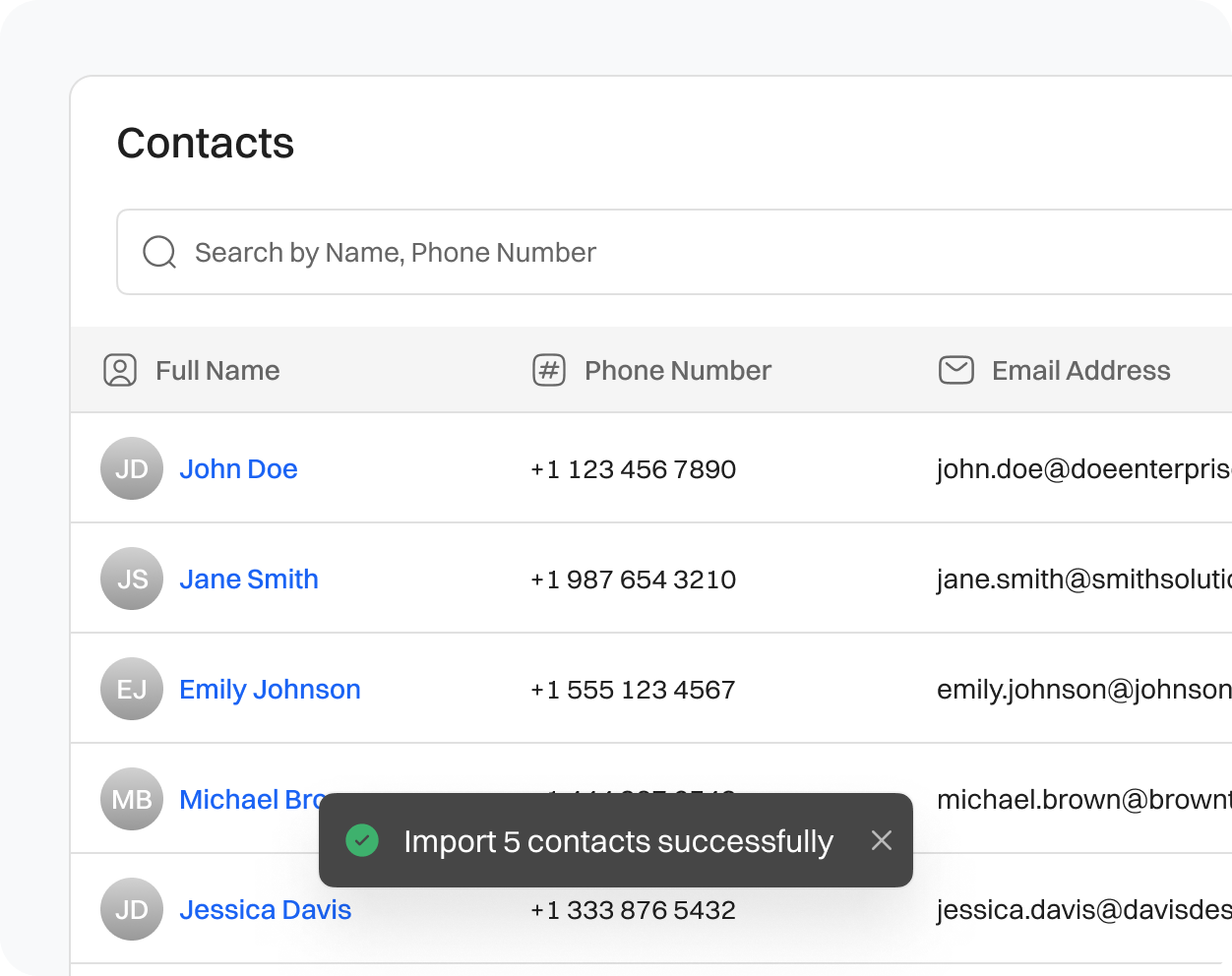 Successfully imported contacts message in Dialaxy App.