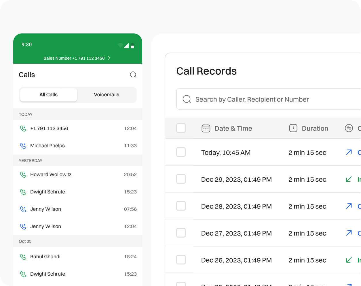 Call logs and Call records view of Dialaxy Dashboard.