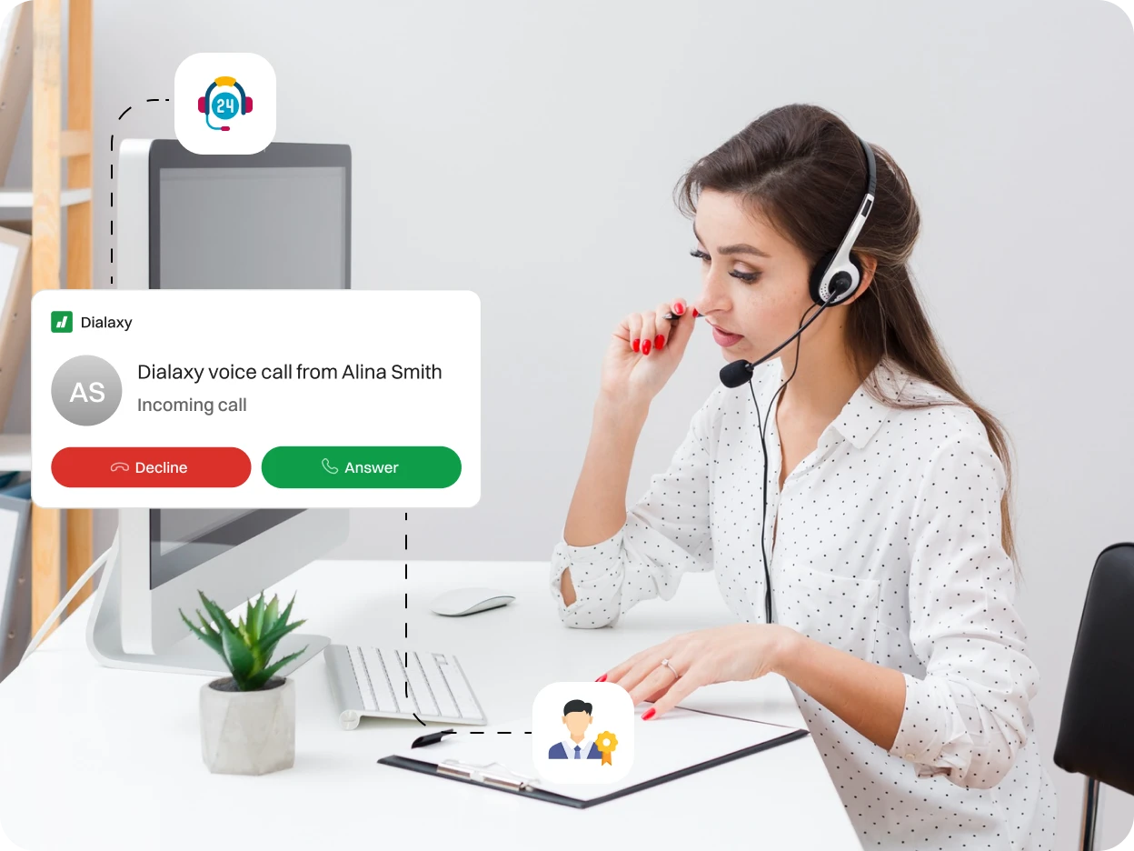 A lady support representative about to receive incoming call from Alina Smith.