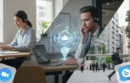 Diverse people working on laptops in different indoor and outdoor settings, with office tables and buildings in the background.
