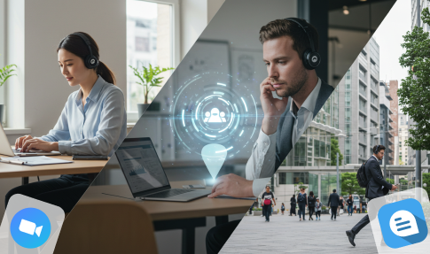 Diverse people working on laptops in different indoor and outdoor settings, with office tables and buildings in the background.