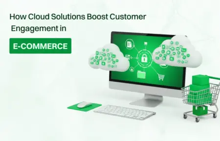 A computer screen displays green cloud icons representing e-commerce solutions for enhancing customer engagement.