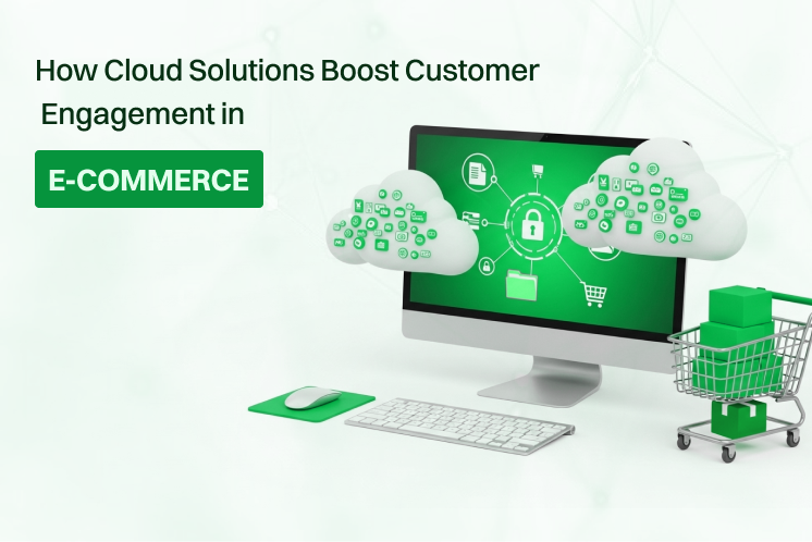 A computer screen displays green cloud icons representing e-commerce solutions for enhancing customer engagement.