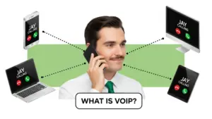 A man calling to a number that is displayed on different devices through VoIP system.