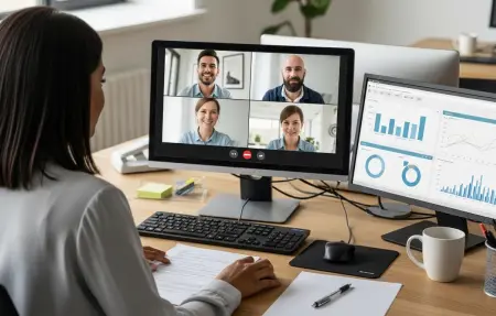 A woman collaborates with team members via video communication channel