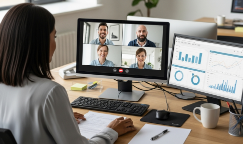 A woman collaborates with team members via video communication channel