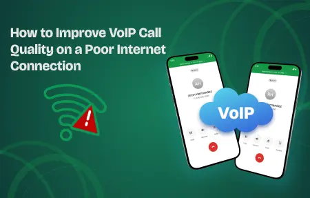 Illustration of two smartphones with Voip call screens and warning icon.