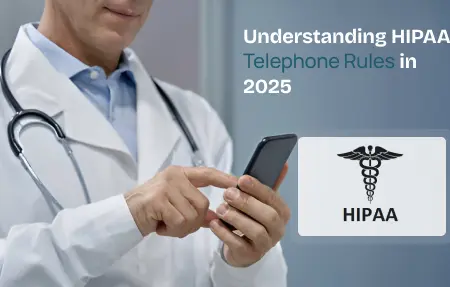 Healthcare professional with patient, writing on a clipboard beside medicine bottles. The HIPAA logo appears, referencing patient privacy and HIPAA telephone rules.