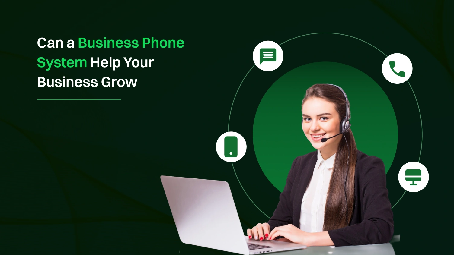 Woman with headset on laptop, surrounded by phone and message icons.