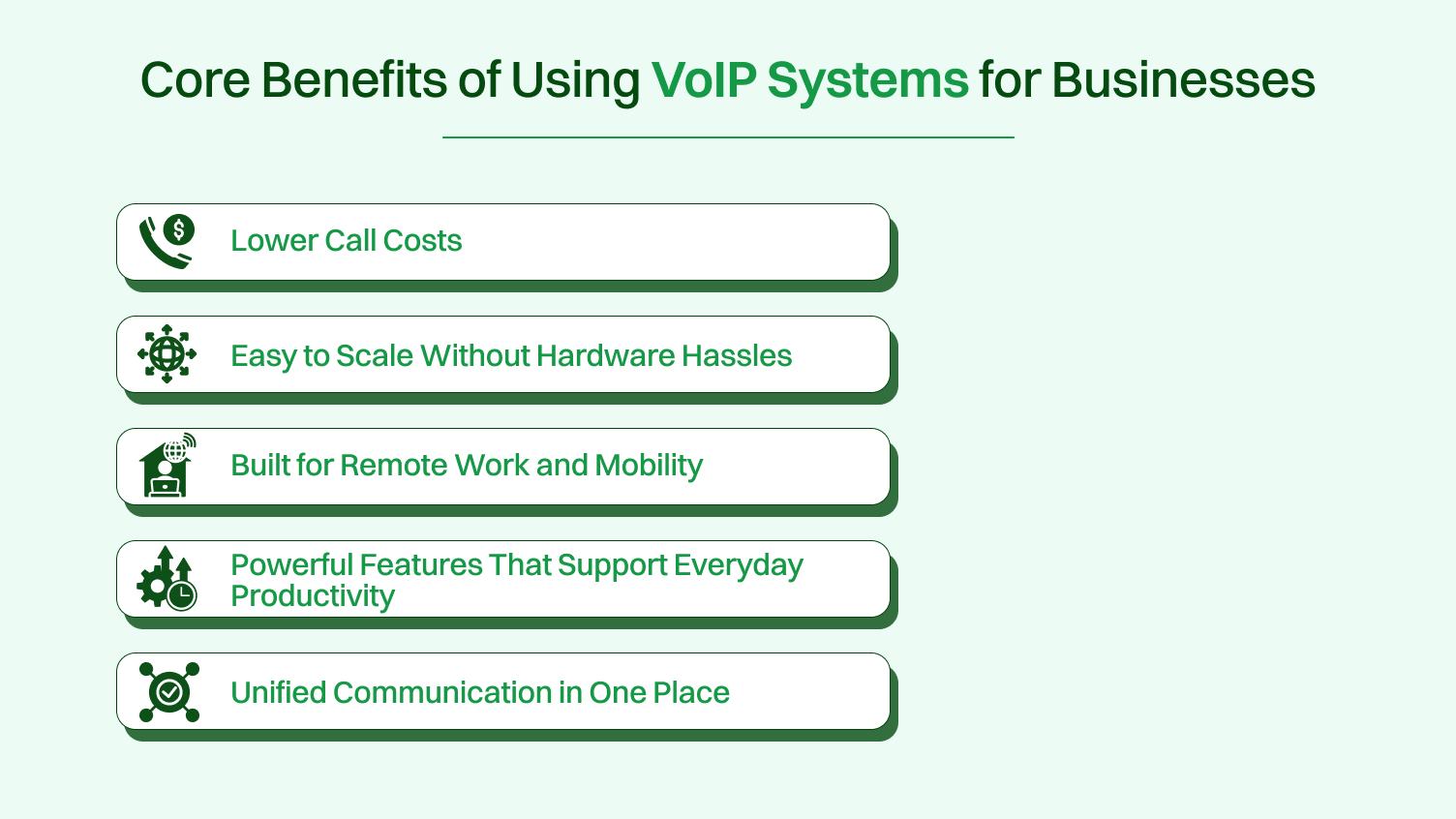 This picture shows benefits of using voip system for business. 