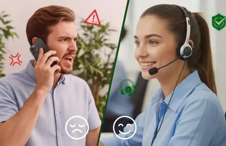 A split image which shows a frustrated male customer on one side and a smiling female customer service agent on another side.