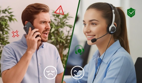 A split image which shows a frustrated male customer on one side and a smiling female customer service agent on another side.