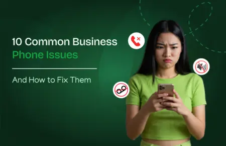 A woman looks frustated while holding a smartphone,with icons of phone issues around her.
