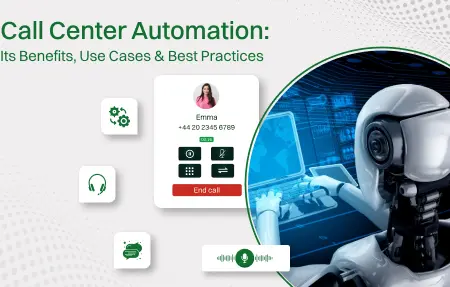 Illustration of call center automation showing a robot working on a computer, call interface with contact details, and icons representing call management, headset, and automation features.