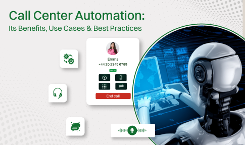 Illustration of call center automation showing a robot working on a computer, call interface with contact details, and icons representing call management, headset, and automation features.