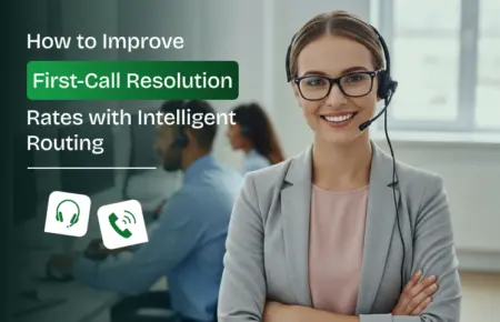 Smiling call center agent with headset, next to text 'How to Improve First-Call Resolution Rates with Intelligent Routing'