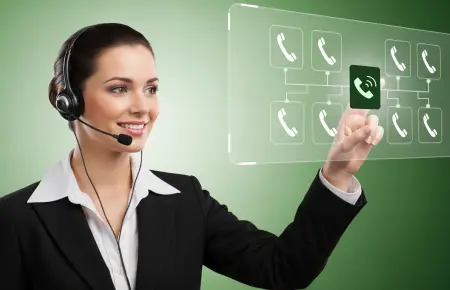 miling call center agent with headset managing multiple calls on a virtual screen.