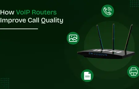 Illustration of a VoIP router with icons showing improved call quality, communication, and connectivity benefits.