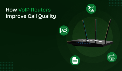 Illustration of a VoIP router with icons showing improved call quality, communication, and connectivity benefits.
