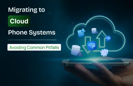 Person holding a smartphone with cloud icons, representing migrating to cloud phone systems