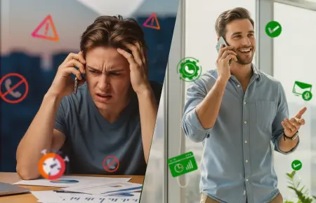 A split-screen image shows one man stressed during a phone call with warning icons, while another man speaks confidently on the phone, surrounded by positive symbols.