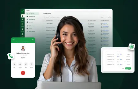 Businesswoman using VoIP integration with call management dashboard, mobile calling app, and call records interface for seamless communication