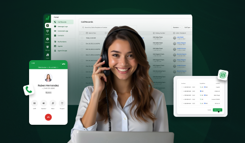 Businesswoman using VoIP integration with call management dashboard, mobile calling app, and call records interface for seamless communication