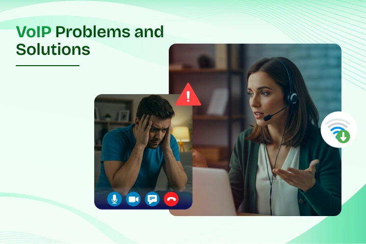 Man and woman wearing headsets looking at a computer screen discussing VoIP problems and solutions