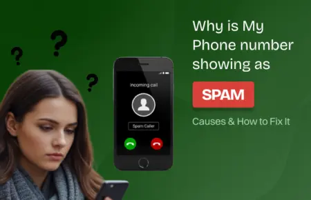 Woman looking at phone continuously while an incoming call is marked as spam caller.