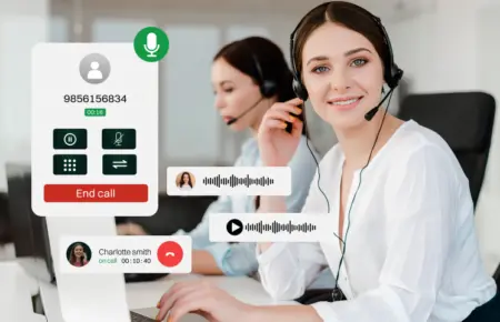 Smiling call‑center agent wearing a headset with on‑screen VoIP call controls and voice waveforms, illustrating a tutorial on How to fix audio delay.