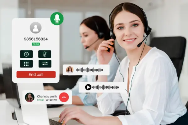 Smiling call‑center agent wearing a headset with on‑screen VoIP call controls and voice waveforms, illustrating a tutorial on How to fix audio delay.