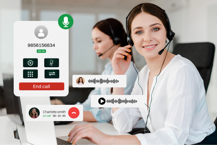 Smiling call‑center agent wearing a headset with on‑screen VoIP call controls and voice waveforms, illustrating a tutorial on How to fix audio delay.