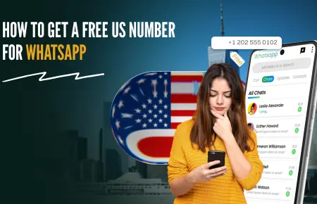 Woman using smartphone with WhatsApp chat screen and US flag