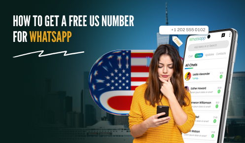 Woman using smartphone with WhatsApp chat screen and US flag