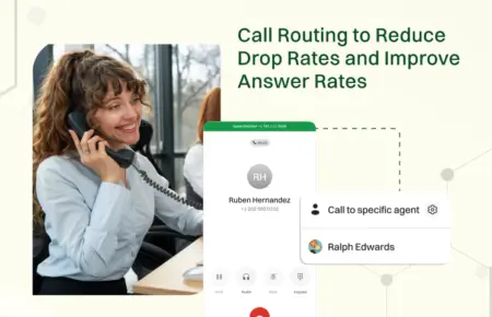 Woman on a phone call, with a mobile screen showing call routing options to optimize international call routing to reduce drop rates