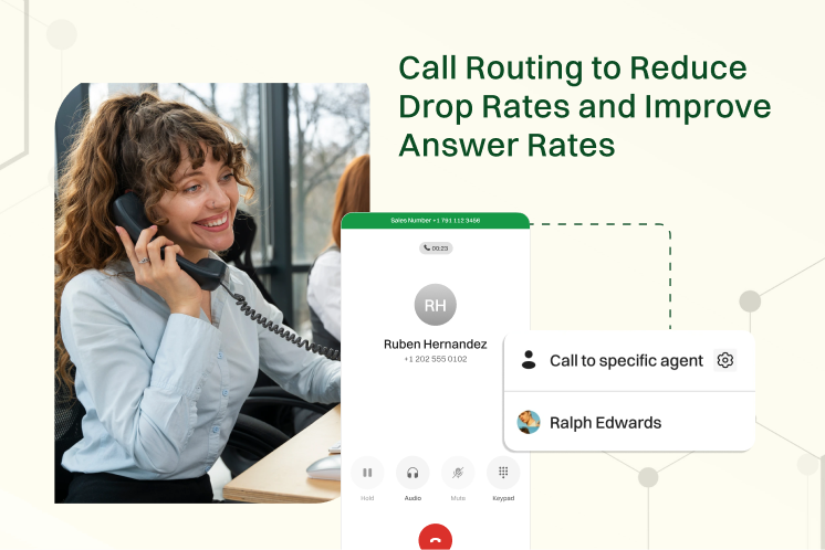 Woman on a phone call, with a mobile screen showing call routing options to optimize international call routing to reduce drop rates