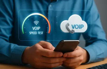 Person using smartphone with virtual icons showing VoIP speed test and cloud VoIP technology