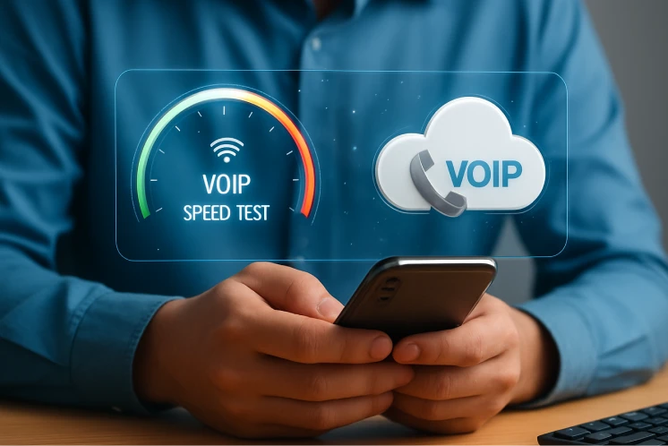 Person using smartphone with virtual icons showing VoIP speed test and cloud VoIP technology
