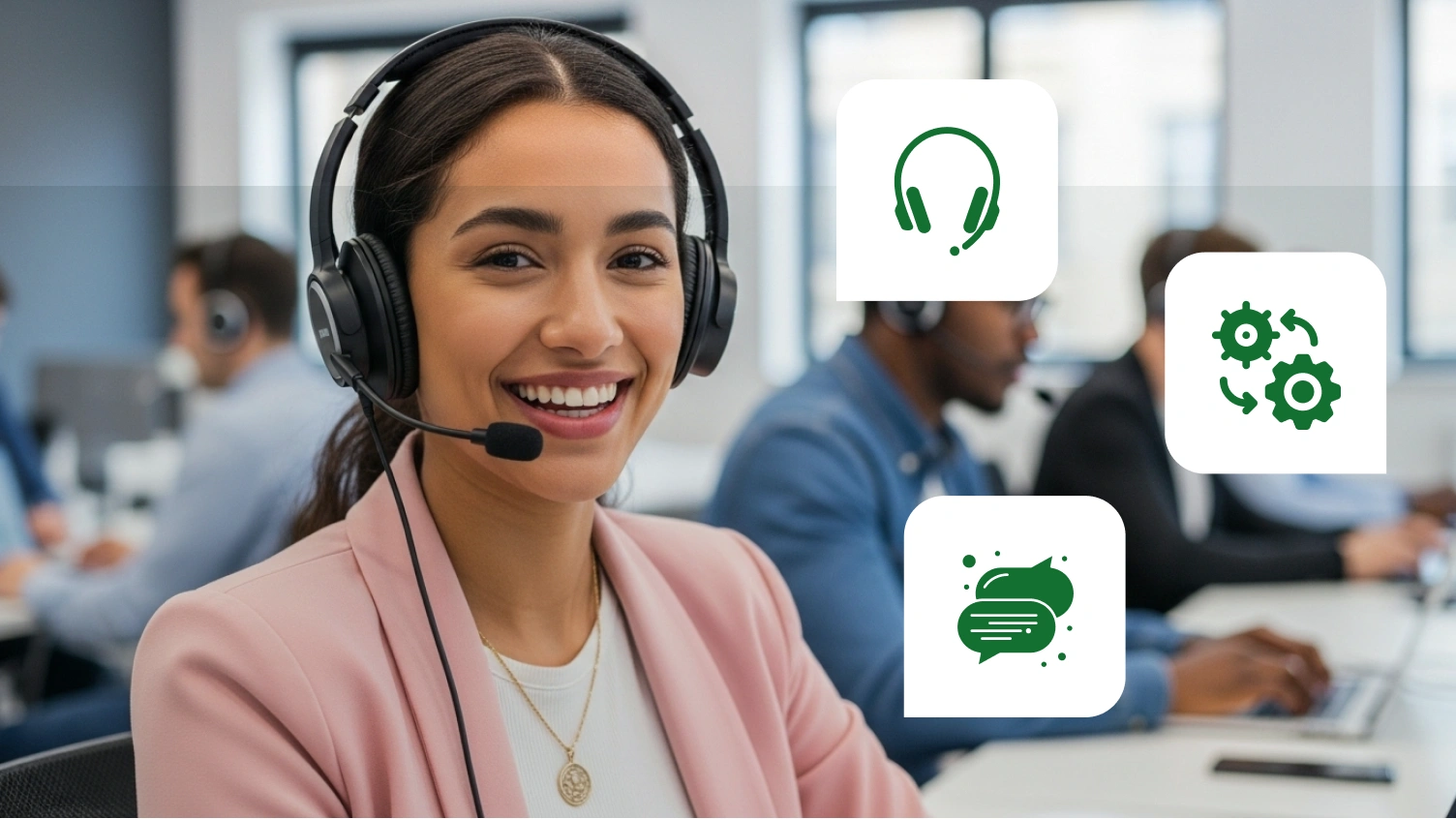 Smiling women with headphone icon, setting icon, and a message icon.