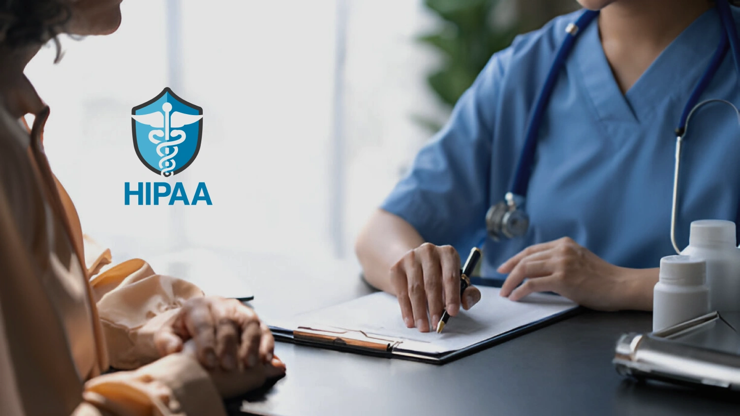 Healthcare professional with patient, writing on a clipboard beside medicine bottles. The HIPAA logo appears, referencing patient privacy and HIPAA telephone rules.
